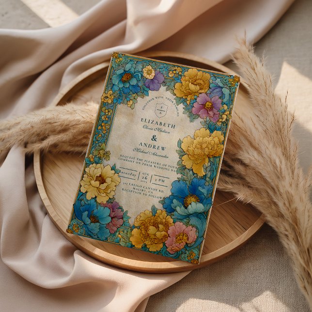 Convite Casamento Botânico Dourado Turquesa (Criador carregado)