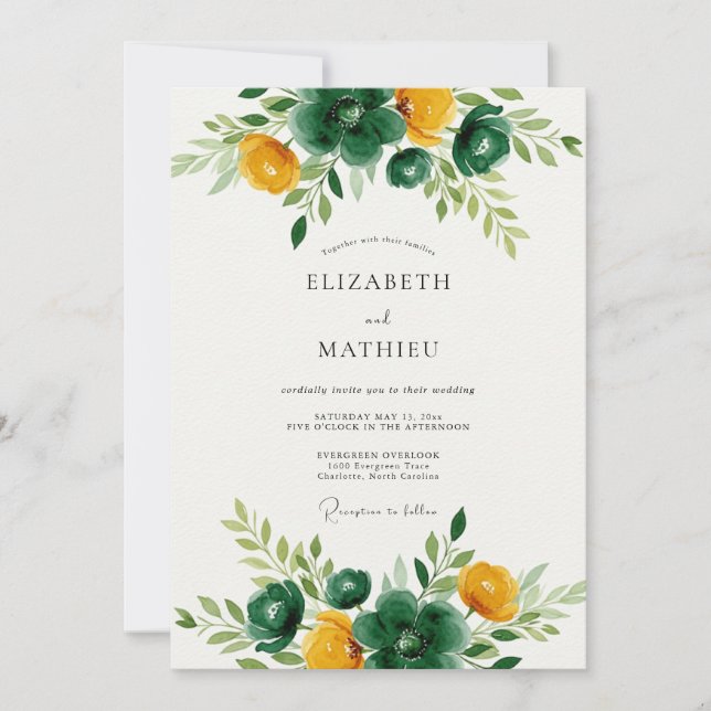 Convite Casamento Botânico Dourado Verde Esmeralda (Frente)