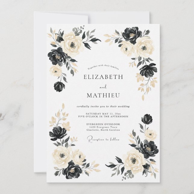 Convite Casamento Botânico Dramático Preto Creme (Frente)