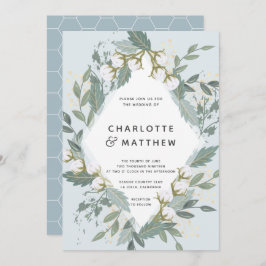 Convite Casamento Botânico Dusty Blue Cotton Garden Diamon