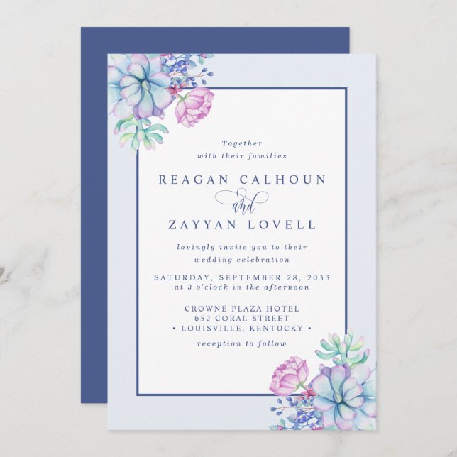 Convite Casamento Botânico Dusty Purple Succulent (Frente/Verso)