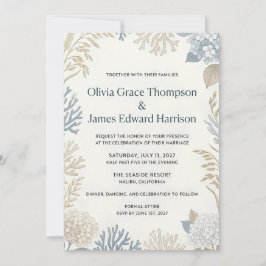 Convite Casamento Botânico e de Coral Elegância Costeira