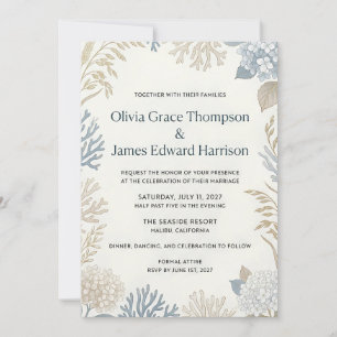 Convite Casamento Botânico e de Coral Elegância Costeira