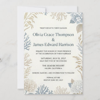Convite Casamento Botânico e de Coral Elegância Costeira
