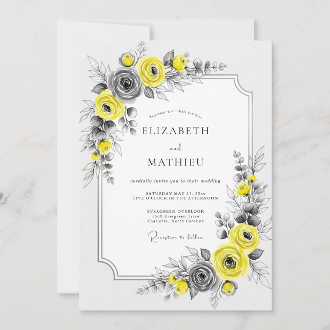Convite Casamento Botânico Elegante Amarelo (Frente)