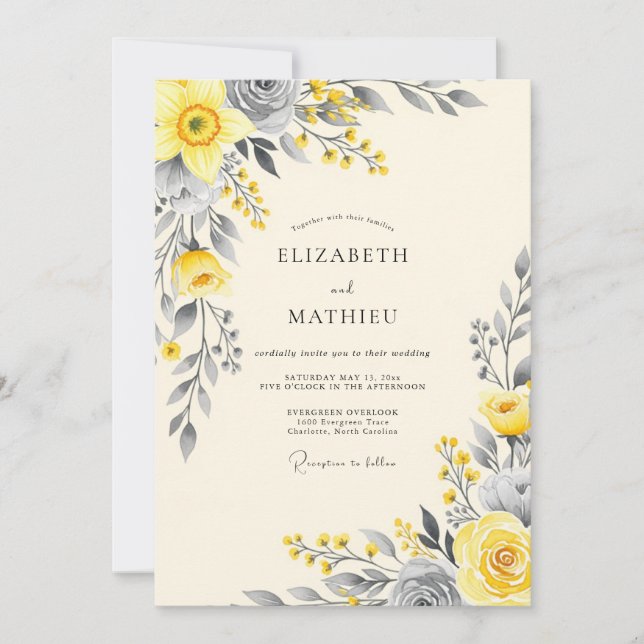 Convite Casamento Botânico Elegante Amarelo (Frente)