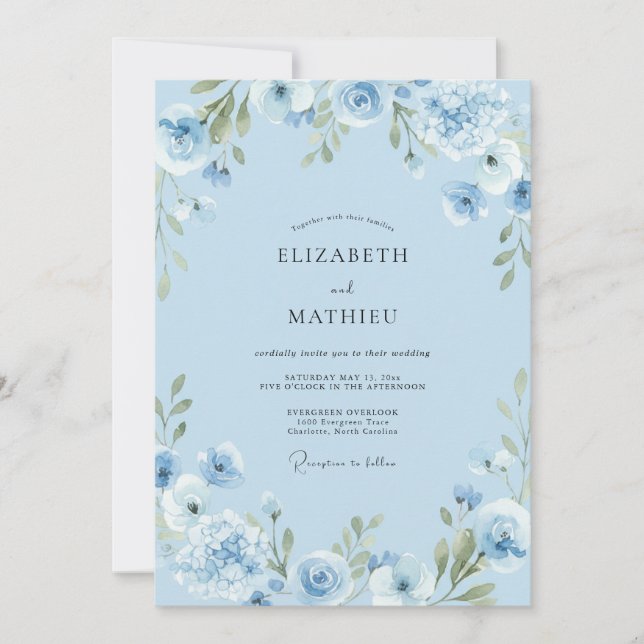 Convite Casamento Botânico Elegante Azul Céu (Frente)