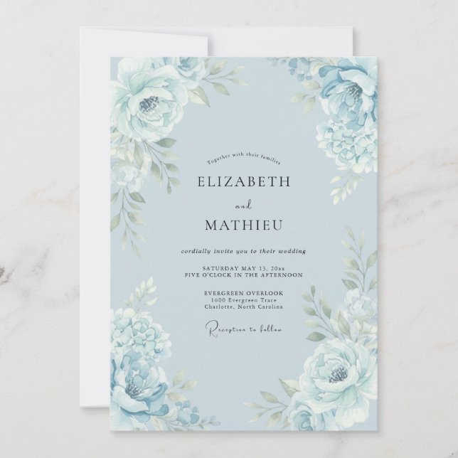 Convite Casamento Botânico Elegante Azul Claro (Frente)