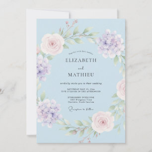 Convite Casamento Botânico Elegante Azul Claro