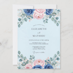 Convite Casamento Botânico Elegante Azul Claro