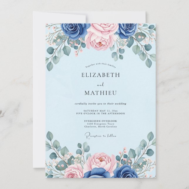 Convite Casamento Botânico Elegante Azul Claro (Frente)