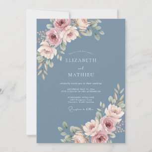 Convite Casamento Botânico Elegante Azul Empoeirado