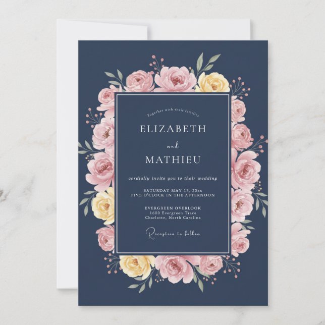 Convite Casamento Botânico Elegante Azul-Naval (Frente)