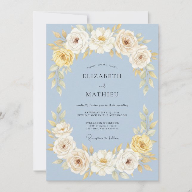 Convite Casamento Botânico Elegante Azul Pó (Frente)