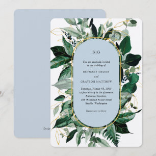 Convite Casamento Botânico Elegante Azul Poeirento Moderno