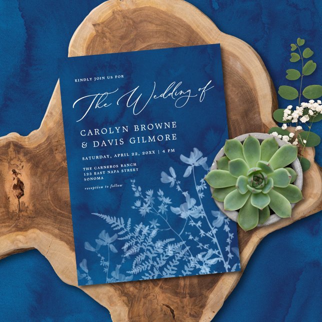 Convite Casamento Botânico Elegante Blue Sunprint Boho (Criador carregado)
