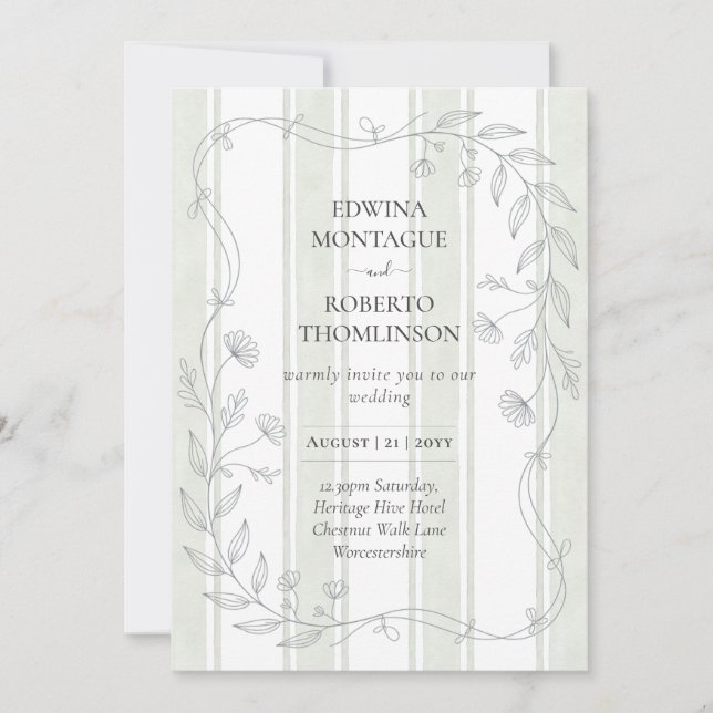 Convite Casamento Botânico Elegante com Listras Sage Herit (Frente)
