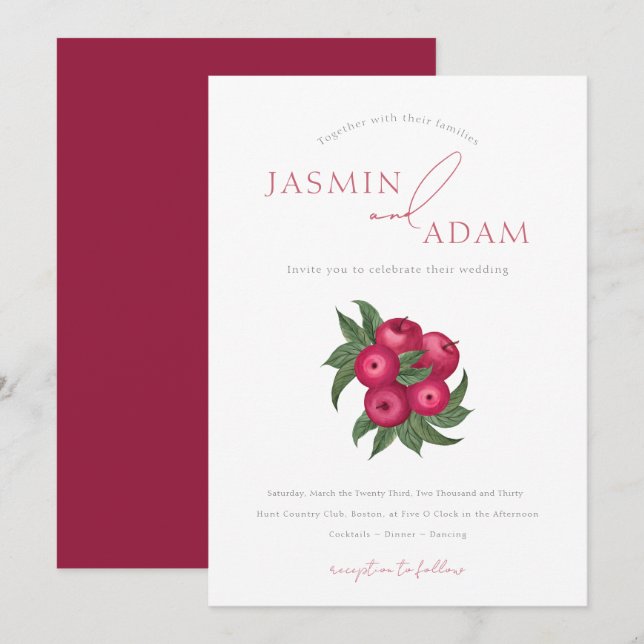 Convite Casamento Botânico Elegante de Cranberry e Maçã (Frente/Verso)