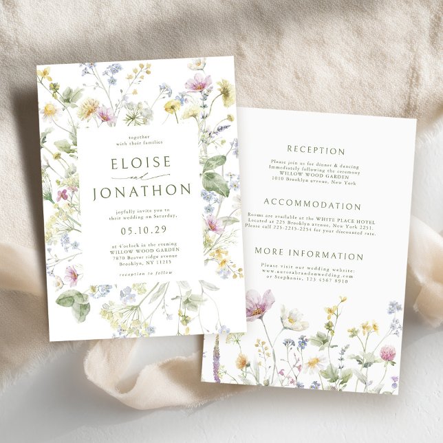 Convite Casamento Botânico Elegante de Pastel Molho Pastel (Elegant Soft Pastel Wildflower Botanical Wedding Invitation with details on back)