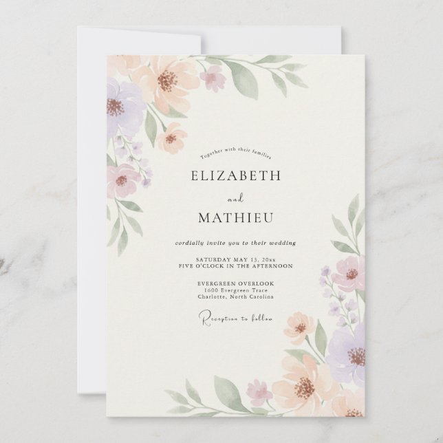 Convite Casamento Botânico Elegante de Pêssego (Frente)