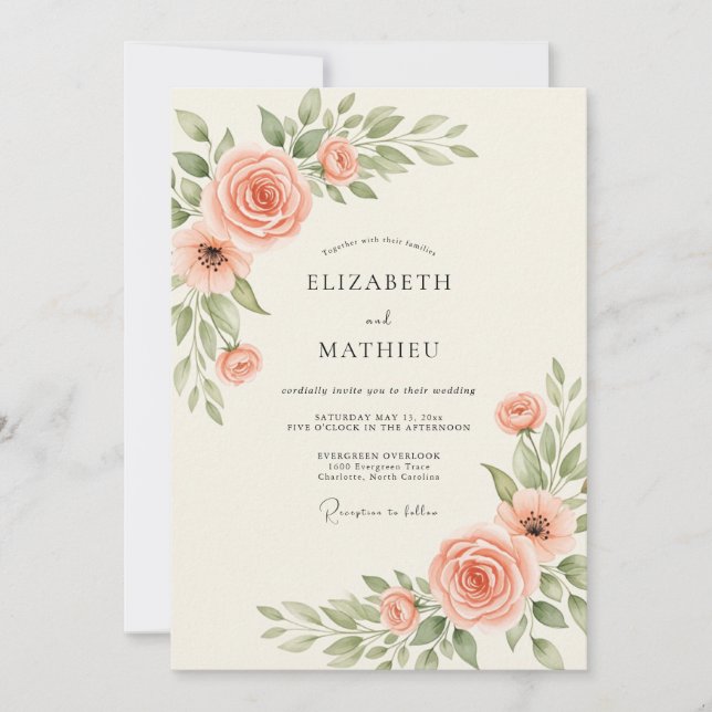 Convite Casamento Botânico Elegante de Salmão (Frente)