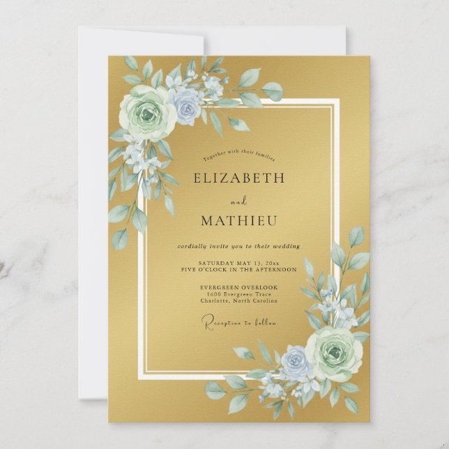Convite Casamento Botânico Elegante Dourado (Frente)