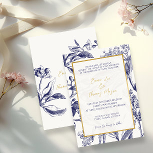 Convite Casamento Botânico Elegante Dourado e Azul