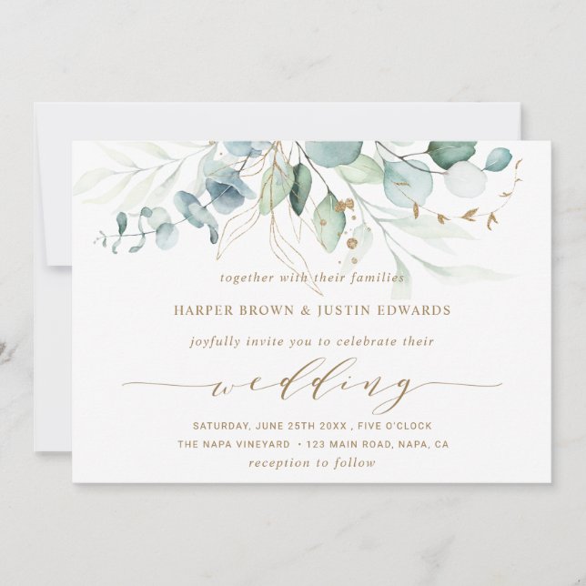 Convite Casamento Botânico Elegante Dourado e Verde (Frente)