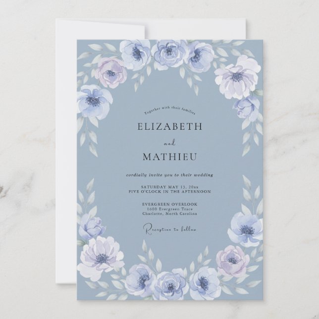 Convite Casamento Botânico Elegante em Azul Aço (Frente)