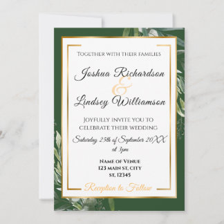 Convite Casamento Botânico Elegante em Dourado e Verde