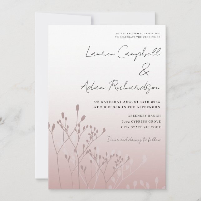 Convite Casamento Botânico Elegante em Dourado Rosa (Frente)