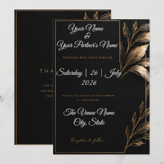 Convite Casamento Botânico Elegante em Preto e Branco e Do