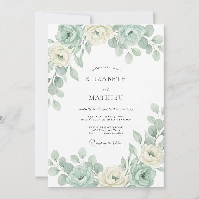 Convite Casamento Botânico Elegante em Verde Menta (Frente)