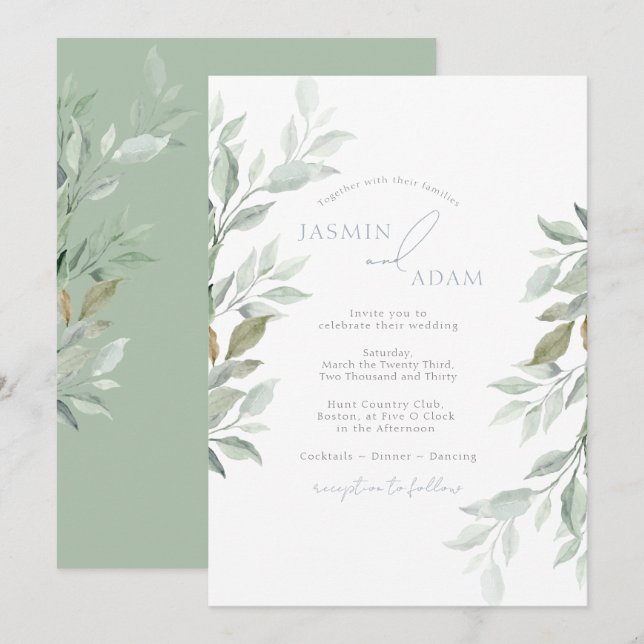 Convite Casamento Botânico Elegante em Verde Sage (Frente/Verso)