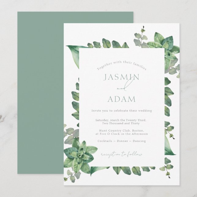 Convite Casamento Botânico Elegante em Verde Sage (Frente/Verso)