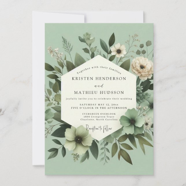 Convite Casamento Botânico Elegante em Verde Sálvia (Frente)