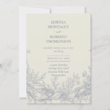 Casamento Botânico Elegante Gravado Heritage Blue