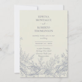 Convite Casamento Botânico Elegante Gravado Heritage Blue