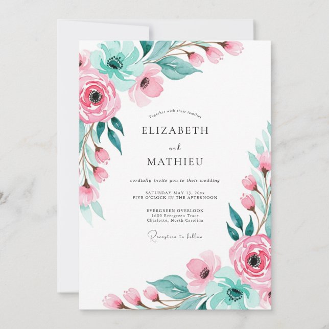 Convite Casamento Botânico Elegante Rosa (Frente)