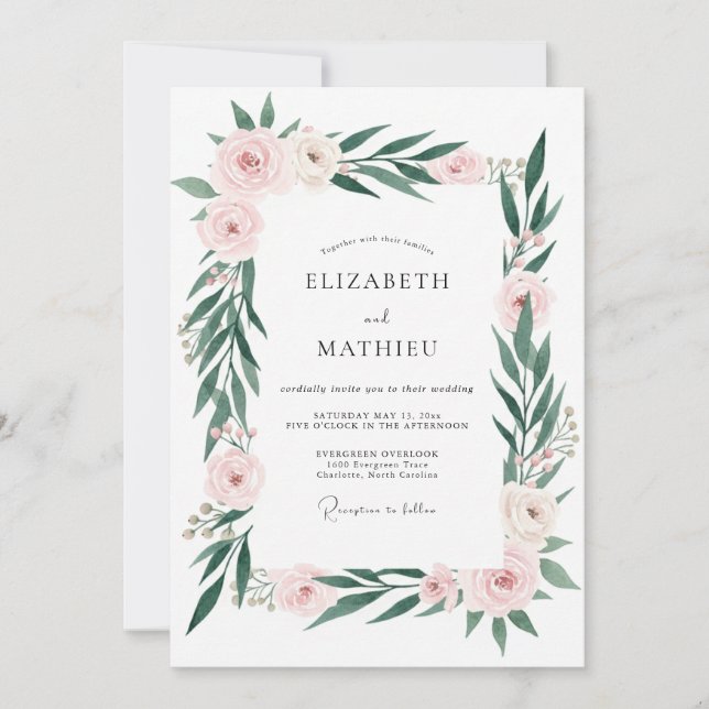 Convite Casamento Botânico Elegante Rosa Rubor (Frente)