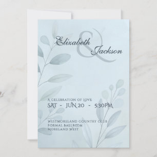 Convite Casamento Botânico Elegante Soft Cool Azul Script
