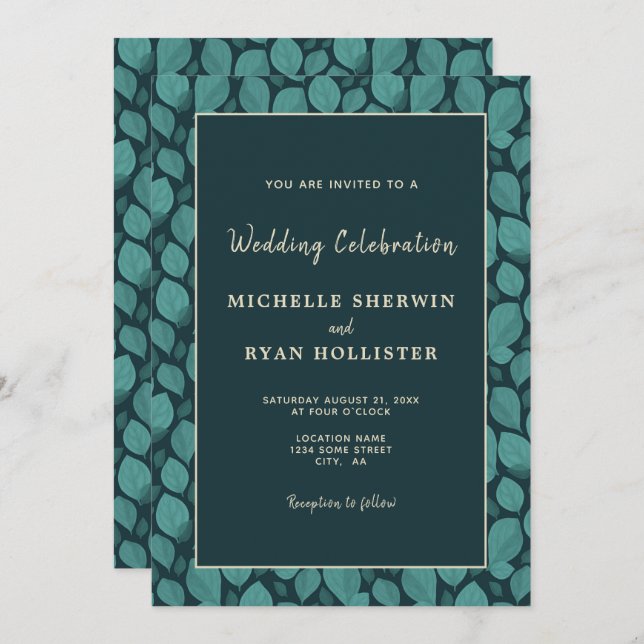 Convite Casamento Botânico Elegante Turquoise Leaf Pattern (Frente/Verso)