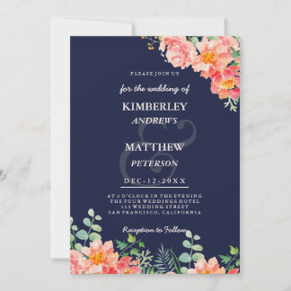 Convite Casamento botânico em aquarela azul marinho rosa c