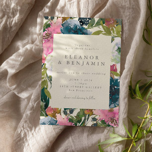 Convite Casamento Botânico em Aquarela Rosa Azul Naval Ele
