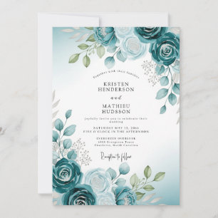 Convite Casamento Botânico em Aquarela Suave Turquesa