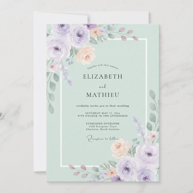 Convite Casamento Botânico em Aquarela Verde Menta (Frente)