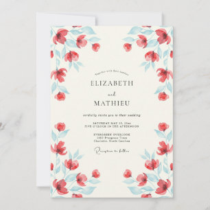 Convite Casamento Botânico em Aquarela Vermelha Vibrante