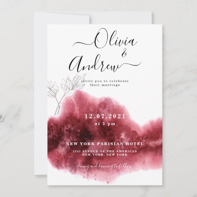 Convite Casamento Botânico em Aquarela Vermelho Borgonha P (Frente)