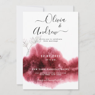 Convite Casamento Botânico em Aquarela Vermelho Borgonha P