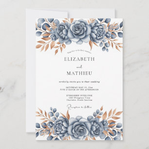 Convite Casamento Botânico em Bronze Azul Aço
